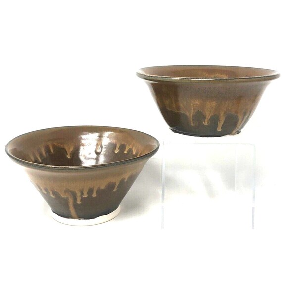 VTG Studio Art Pottery Ceramic Nesting Bowls Brown Drip Glaze Artist Signed Set - Picture 1 of 16
